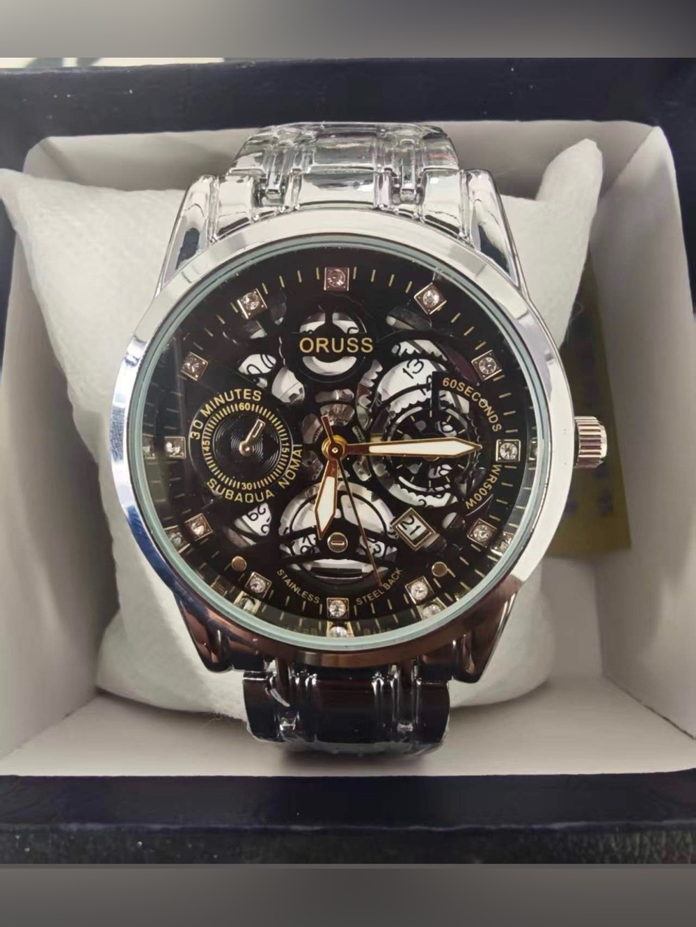 ORUSS Subaqua Men’s Quartz Skeleton Watch Black Dial Stainless Steel 40mm